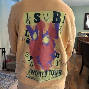 Ksubi Tan and Purple Crewneck Sweater with Bold Graphic Design